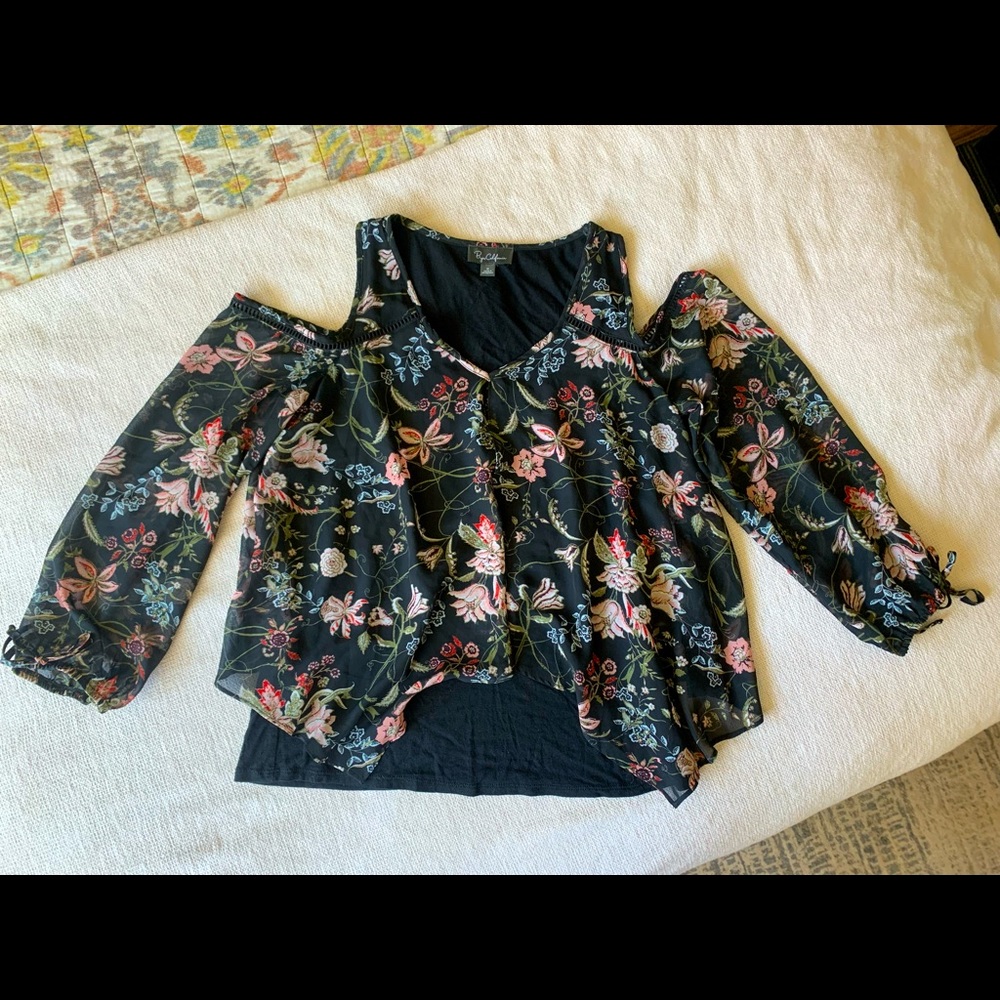 Black floral off the shoulder three quarter length top/blouse